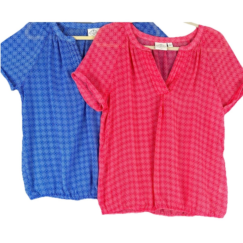 St Johns Bay Women's Bundle Blue & Pink Short Sleeve V Neck Blouse Floral Size L